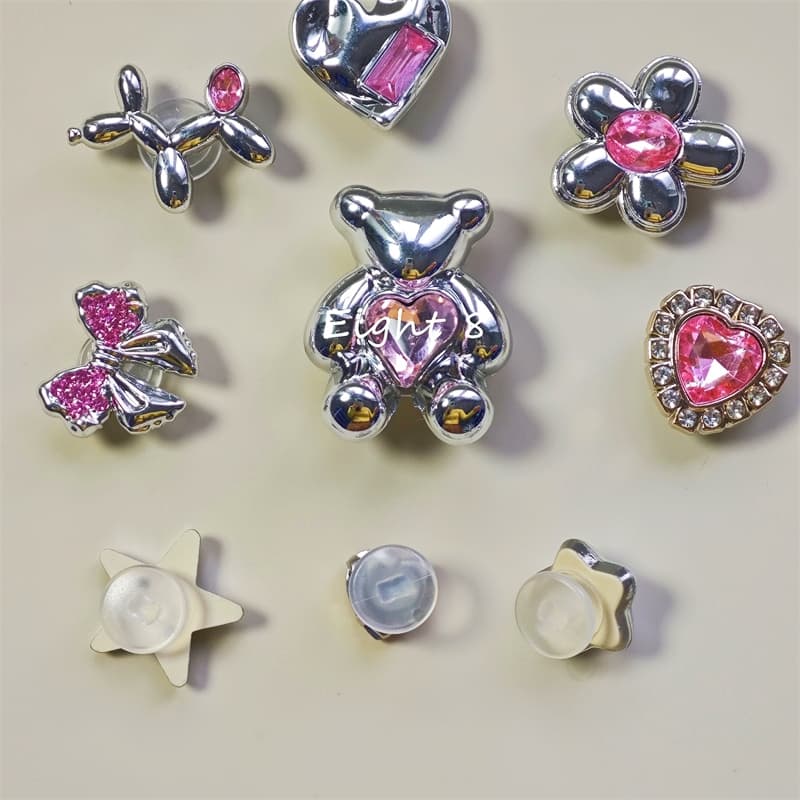 9 Pçs/set 2024 Estilo Punk Rosa Diamante Arco Acessórios De Sapato Balão dog Designs Fivela Flores Em Forma De Coração P