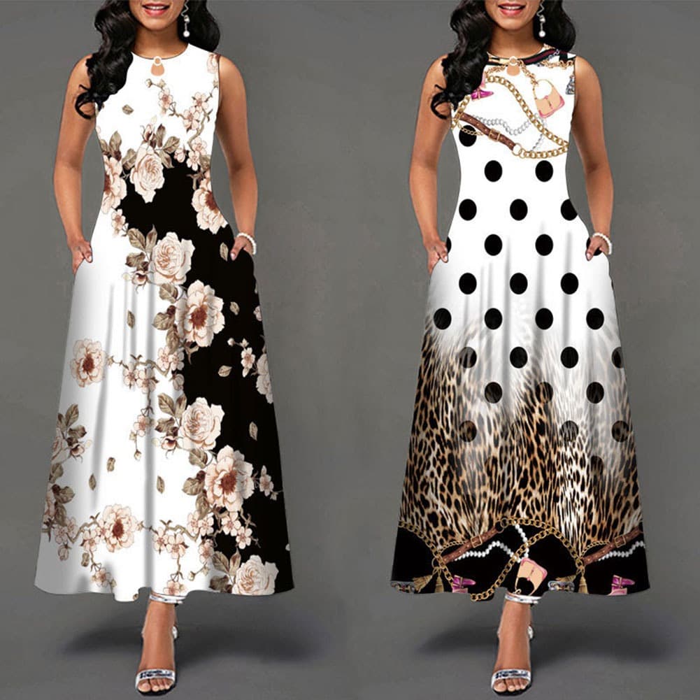 Vestido Longo Feminino Estampado Com Gola Redonda Estilo Boêmio Para Trabalho/Roupas De Verão
