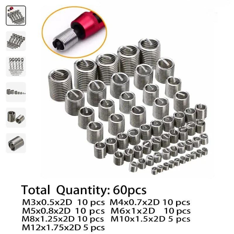 Conjunto De Inserção De Rosca De Fixação De Aço Inoxidável , 60 Peças , M3 M4 M5 M6 M8 M10 M12 , Fio Espiral , Manga De