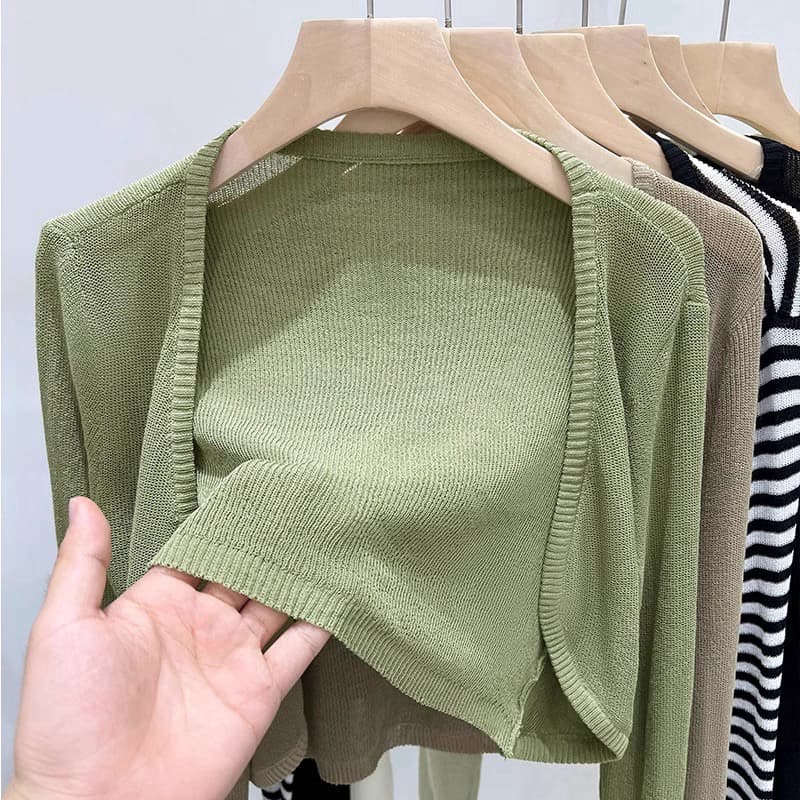 Summer Thin Casaco de manga comprida de malha fina Cardigan Exterior Feminino Casaco Pequeno