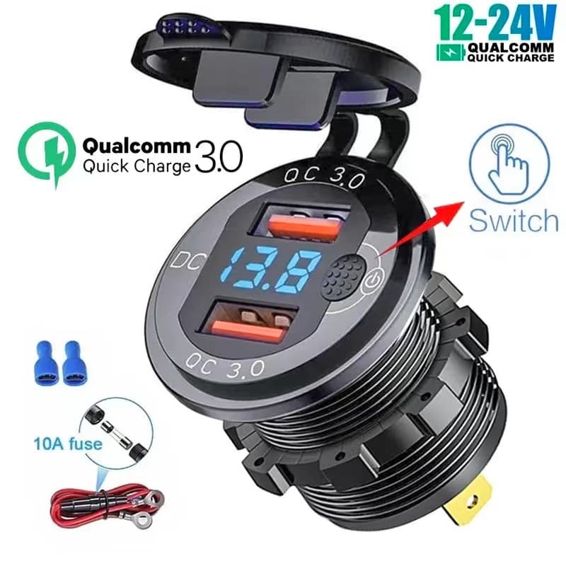 Carregador De Carro QC 3.0 Tomada Dupla USB Para Isqueiro À Prova D'água Com Interruptor Voltímetro 12/24V Adaptador De Carregamento Rápido Acessórios