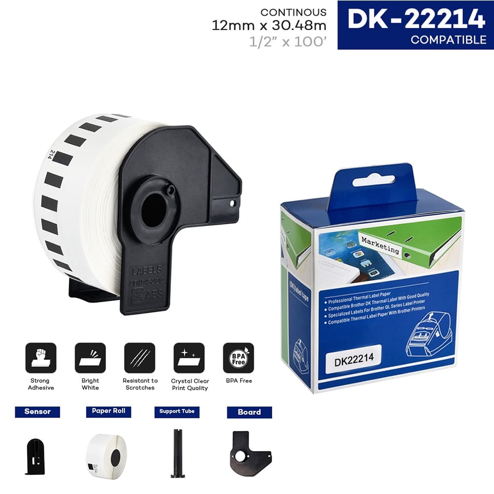 1 Rolo De Papel Térmico Dk 12 Mm X 30.48 M DK22214 Etiqueta Contínua Compatível Para Impressora De Etiquetas Brother QL-