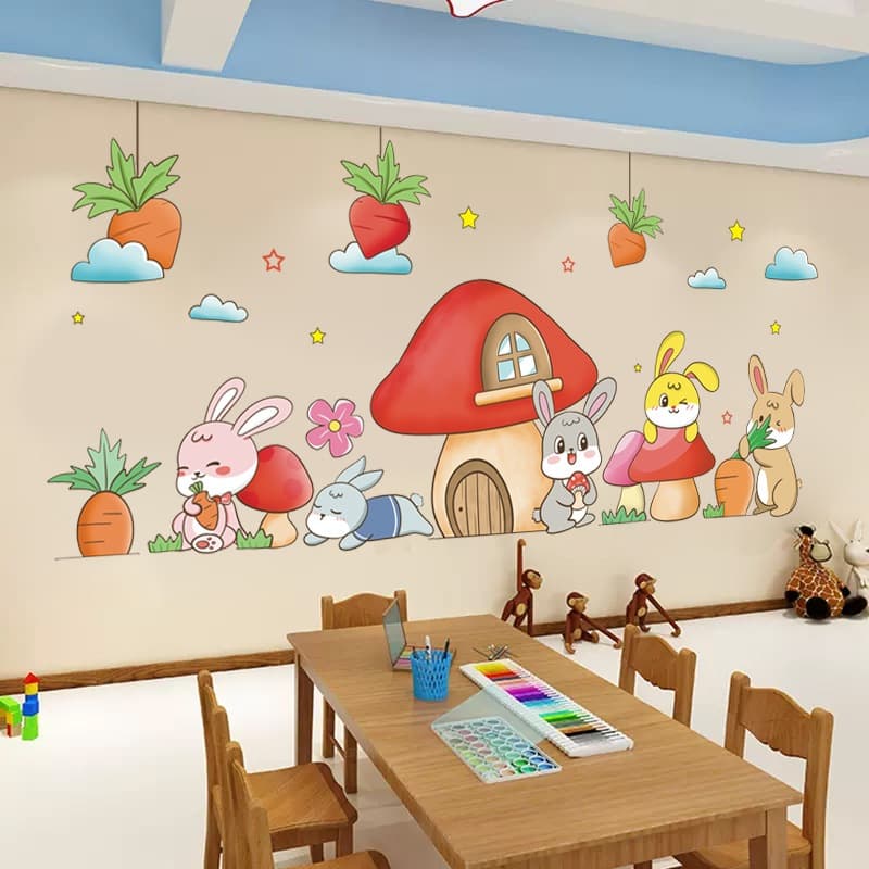 HJ354 jardim de infância sala de aula Layout adesivos de parede cogumelo casa coelho gato Pet Shop crianças adesivos