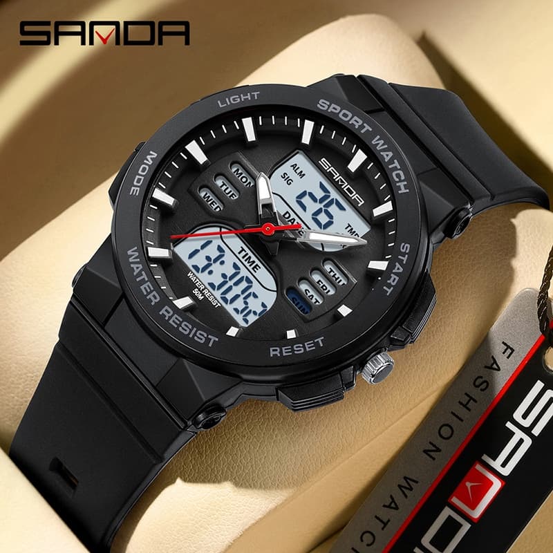 Sanda Marca 6185 Casal Relógio Dual Display Eletrônico Multi Funcional Luz Noturna À Prova D'água