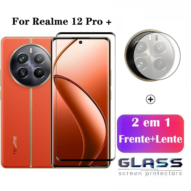 2 Em 1 Película De Vidro Realme 12 Pro Plus 11X 5G Protetor De Tela De Cobertura Completa De Vidro Temperado 9D Pelicula Para Realme 12 12x 11 11X C55 C53 Pro Plus 4G 5G E Lente De Câmera