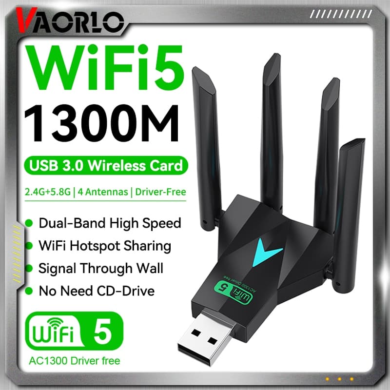 Adaptador USB WIFI Dual Band 2.4G + 5.8G De 1300Mbps Sem Driver 4 Antenas 3.0 Cartão Fio De Alta Velocidade Hotspot De Compartilhamento PC