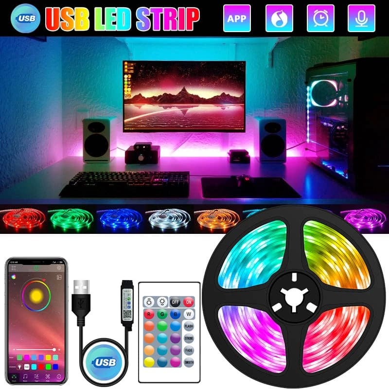 Fita LED 5M RGB USB Infravermelho Controle Bluetooth Luminoso Decoração Para Sala De Estar 5050 Iluminação Lâmpada