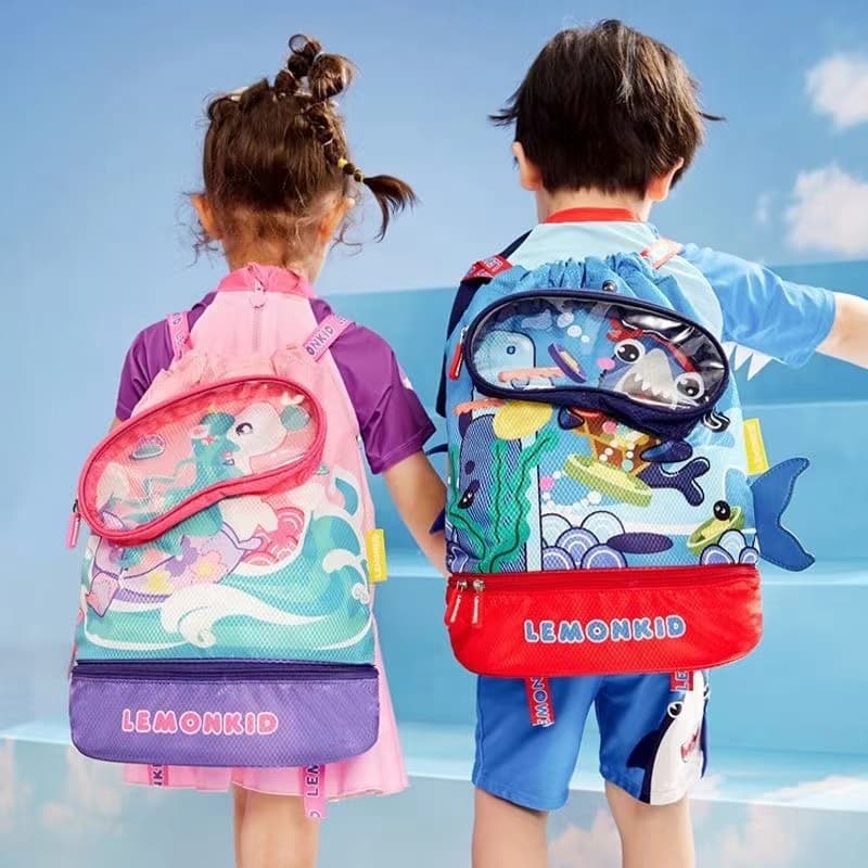Saco de banho para crianças seco e úmido separado mochila de praia de desenhos animados bonito