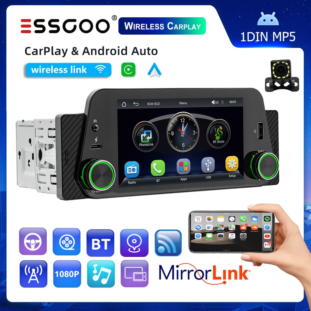 ESSGOO 5 Polegadas1 Din Sem Fio Carplay & Android Auto universal Car Stereo Rádio MP5 Bluetooth Player Com Câmera