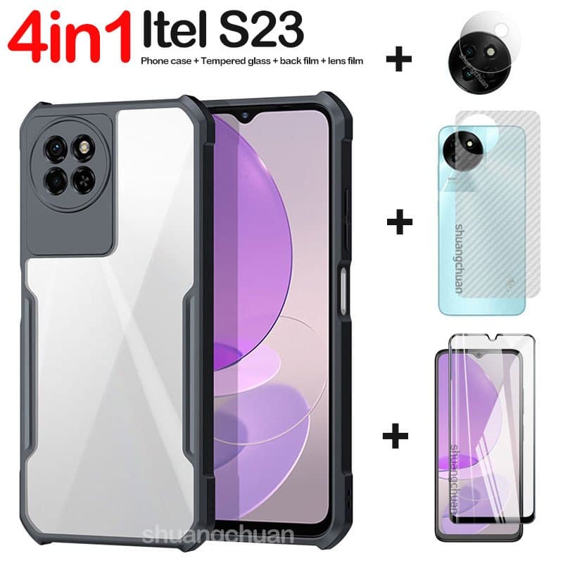 4em1 Para Caixa itel S23 E Vidro Temperado S23 Película De Com Cobertura De Tela Cheia + Lente De Câmera + Retorno + De Telefone À Prova De Choque