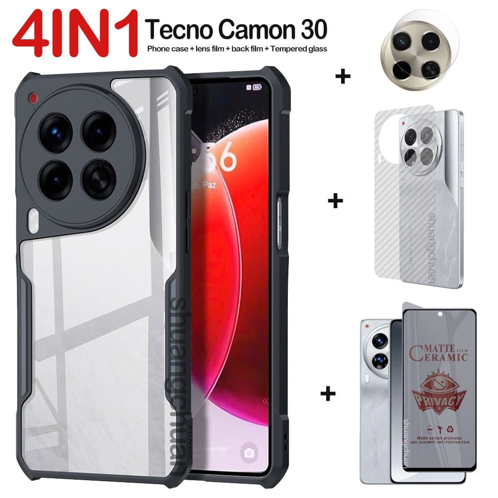 4em1 Para A Caixa Tecno Camon 30 5G Do Telefone À Prova De Choque + Privacidade Membrana Cerâmica + Filme Lentes De Câmera De Retorno