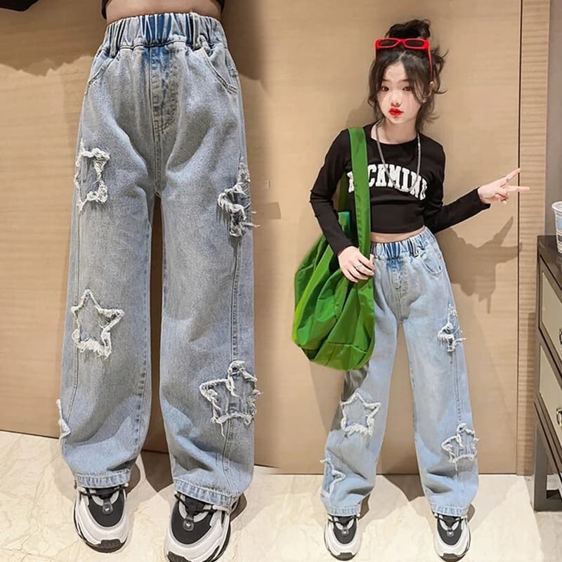 Nova Moda Adolescente Meninas Adolescentes Calças De Ganga Perna Larga Infantis Padrão Estrela De Primavera Outono Jean