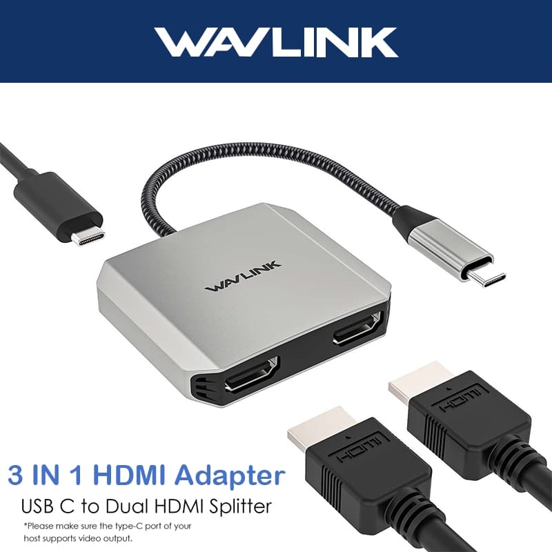 WAVLINK 3-In-1 Tipo C Para HDMI Splitter USB Duplo Adaptador 4K @ 60Hz Em Com 87W De Fornecimento De Energia