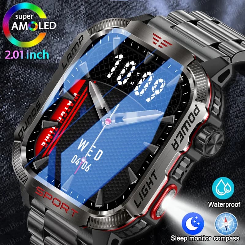 2024 Novo Relógio Esportivo Smartwatch 2.01 Polegadas Tela HD Lanterna Bússola À Prova D'água Bluetooth Chamada Homens