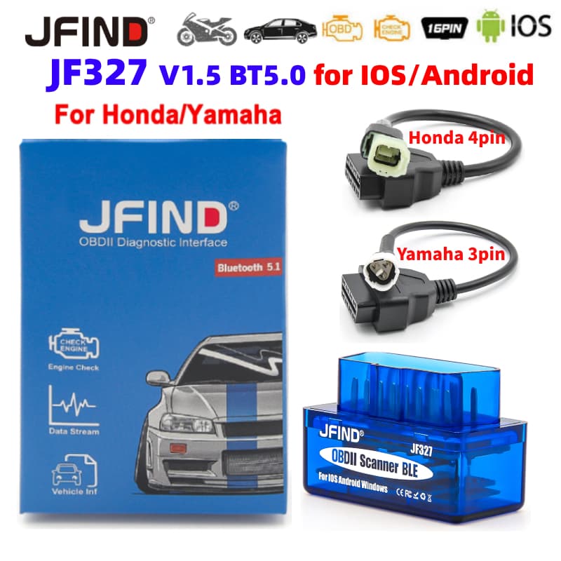 JFIND JF327 V1.5 OBD2 Leitor De Código De Falha Do Carro De Motocicleta Bluetooth5.0 Para Android/IOS Yamaha y15 3PIN 16PIN Honda 4PIN OBD 2 Cabo Ferramenta De Diagnóstico Automático PK ELM327