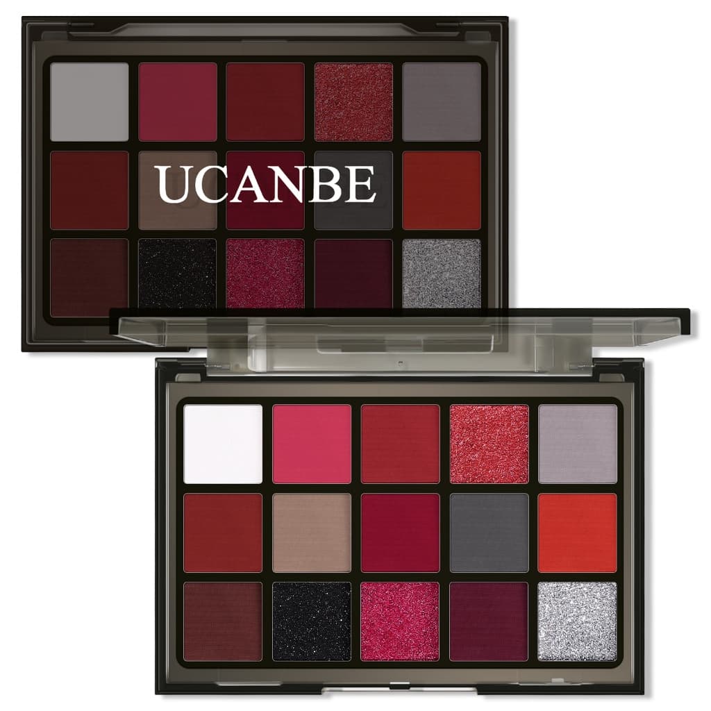 UCANBE Paleta De Maquiagem De Sombra Vermelha , 15 Cores Cinza Burgunry Silver Shimmer Matte Glitter Metallic Eye Shadow , Kit Pigmentada Para Festas De Halloween Christmas Joker Va