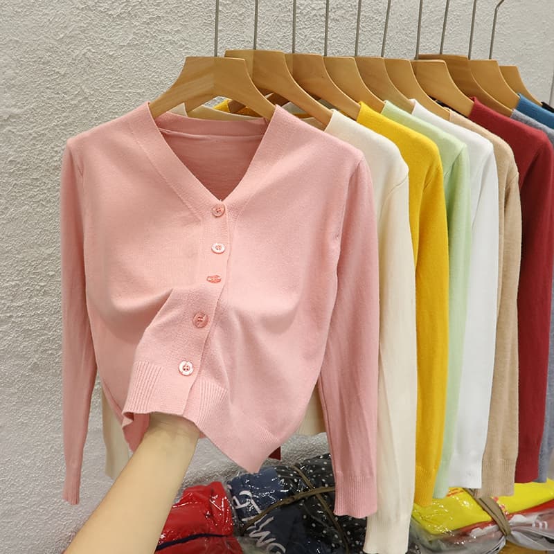 Novo Estilo de Camisola em V Camisola de Pescoço Curto Camisola Cardigan de Manga Longa