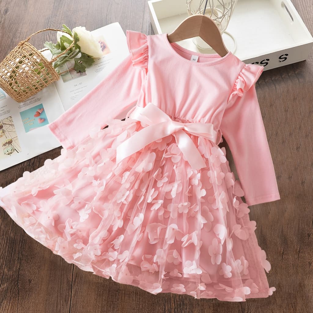Vestido Infantil Feminino De Renda Com Manga Comprida Para Festa De Aniversário De 3-8 Anos