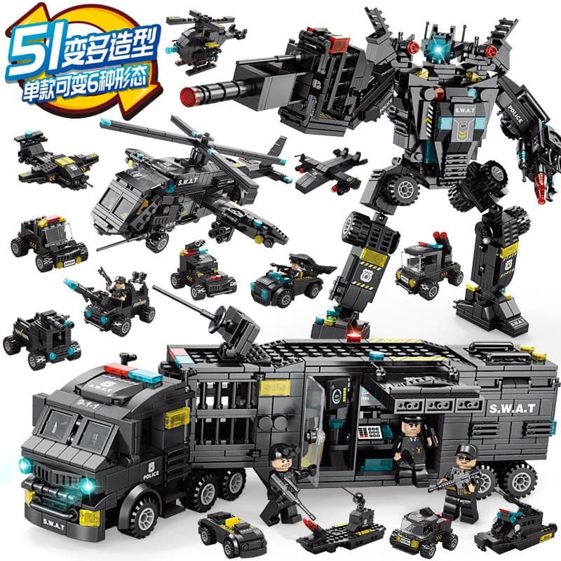 1.000 pçs blocos de construção Lego tanque de bombeiros navio de guerra militar preto falcão SWAT pioneiro equipe montag