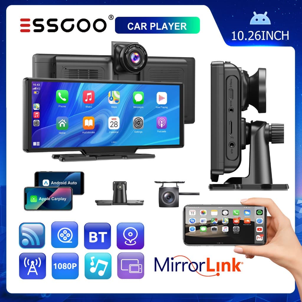 ESSGOO 10 ′ Tela Sem Fio Apple Carplay Screen Rádio Carro Multimídia Navegação GPS 2 Camera Player Universal
