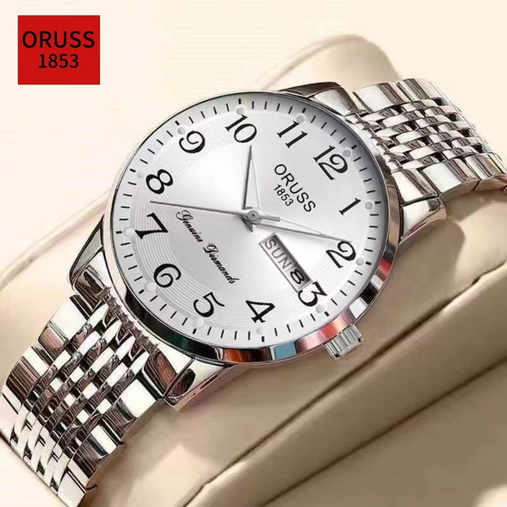 ORUSS Calendário Duplo Original de Aço Inoxidável Moda à prova d'água Relógio Luminoso de Prata Homens Diamante