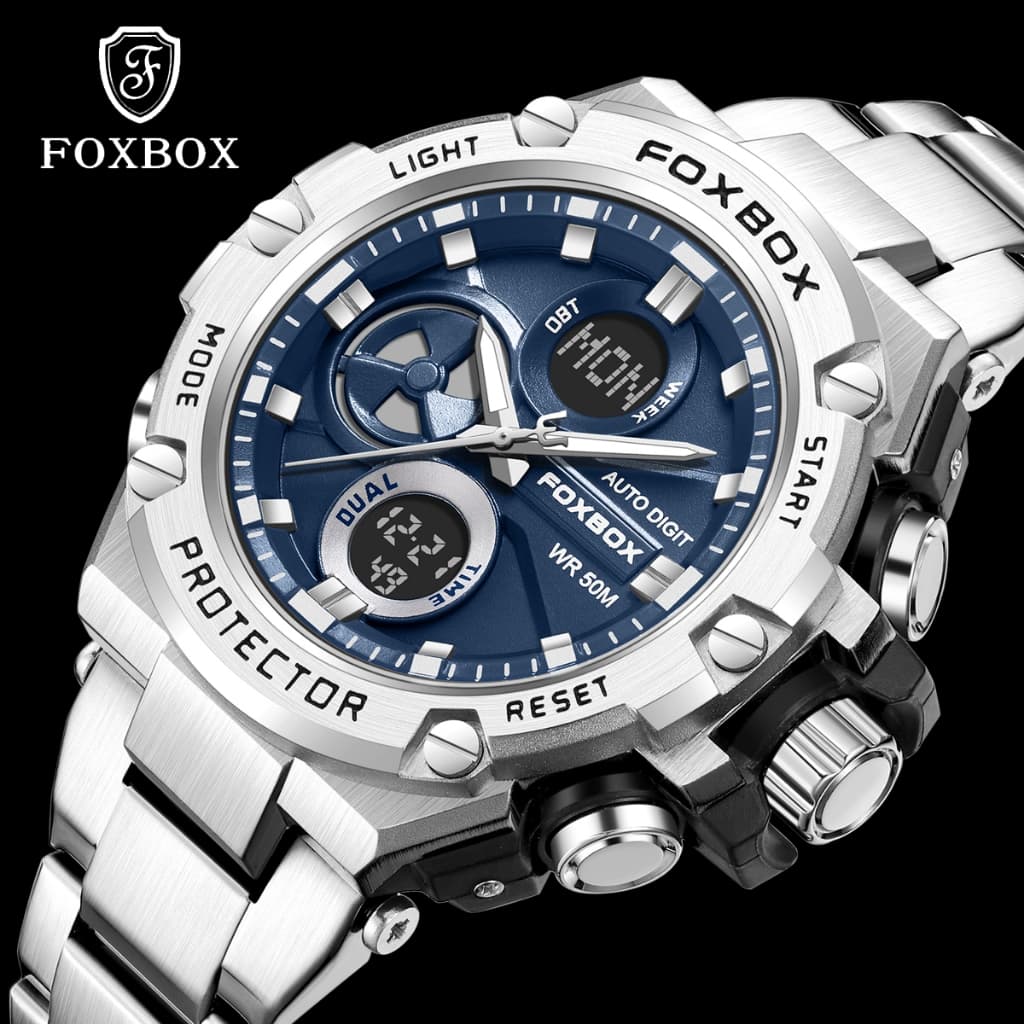 FOXBOX Homens Observam Relógio De Pulso Digital À Prova D'água De Dupla Exposição Luminous Led Sport Em Aço Inoxidável