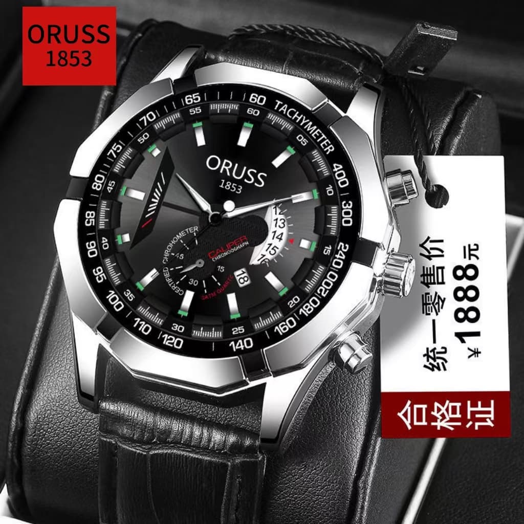 ORUSS Original Luxo Masculino Aço Inoxidável / Couro Data Luminoso à prova d'água Moda Moda Moda Moda Masculina Relógio Esportivo Preto Coreano Versão Quartzo Relógio Masculino