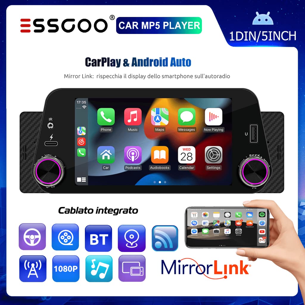 ESSGOO 5 " Android Auto Carplay 1 Din Tela Sensível Ao Toque Rádio Para Carro Bluetooth MP5 Player FM Central Multimídia