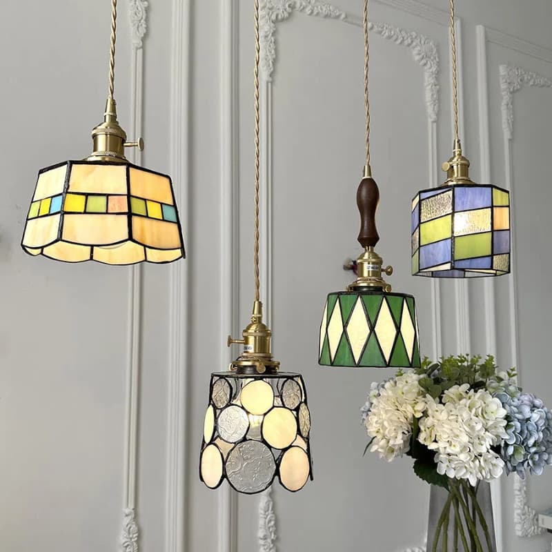 Lustre De Latão Pastoral Retrô Art Deco , Luz De Teto Pendente De Vidro Colorido Feito À Mão , Quarto , Sala De Estar ,