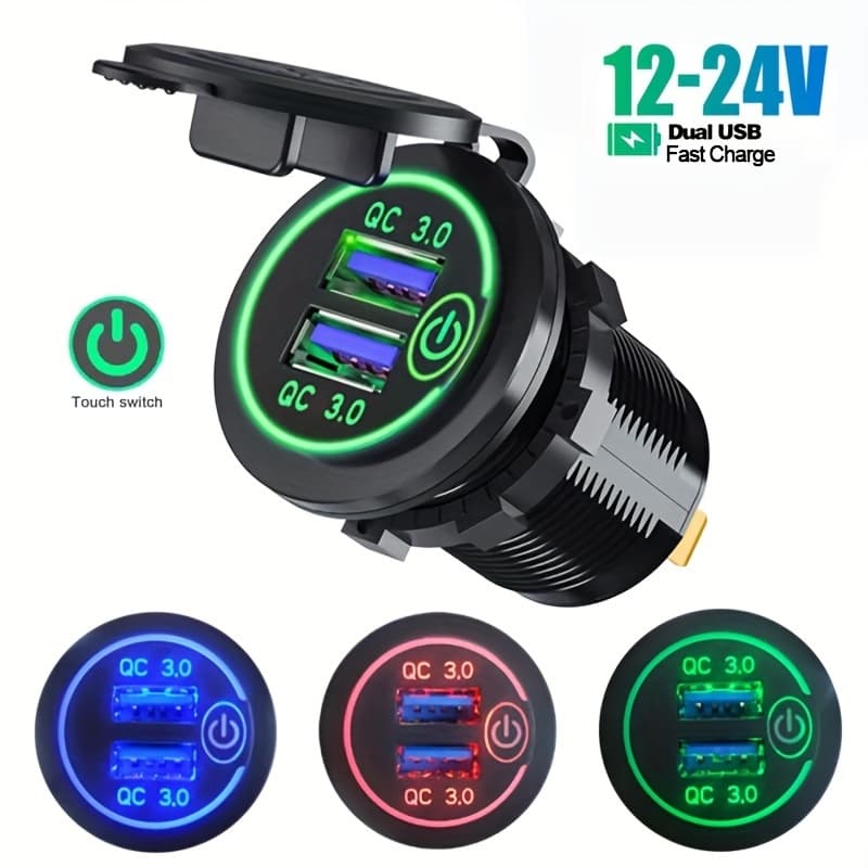 Novo Produto Carregador Duplo USB Para Carro , Automóvel , Motocicleta E Modificado Barco , QC3.0 Com Interruptor De Toque