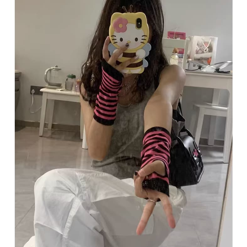 Luvas De Cotovelo Riscadas Vintage Y2K Mittens Sem Dedo Outono Inverno Moda Feminina De Malha Longa