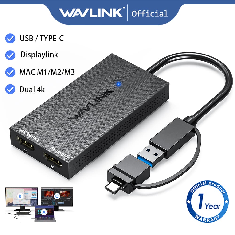 Adaptador Wavlink USB Para HDMI Duplo Com Suporte Chip Displaylink 4K 60HZ E Até 6 Montior Adequado Laptop Smartphone