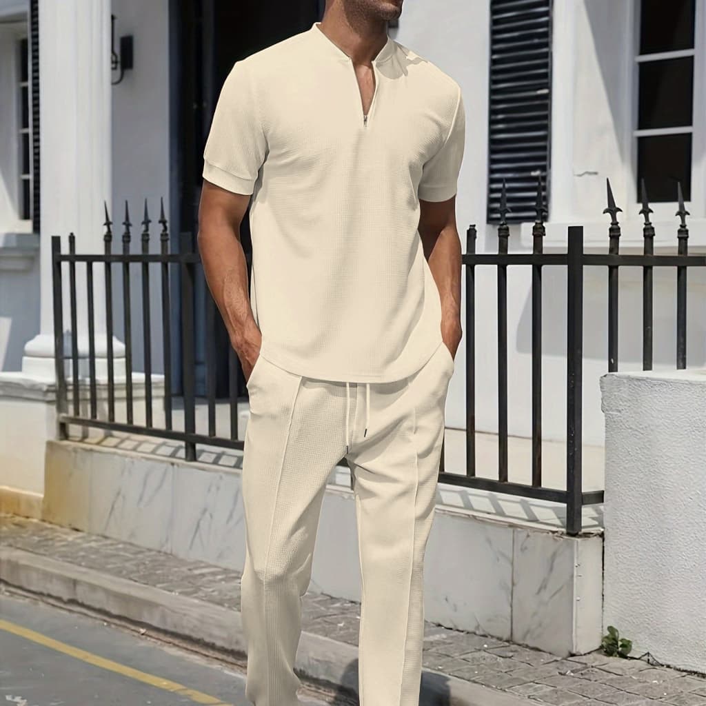 Summer Novo Clássico Da Moda Masculina Clássica Cor Sólida Colarinho De Manga Curta POLO Camisa Calça De Duas Peças 2024 Terno Esportivo casual Masculino Tecido Waffle