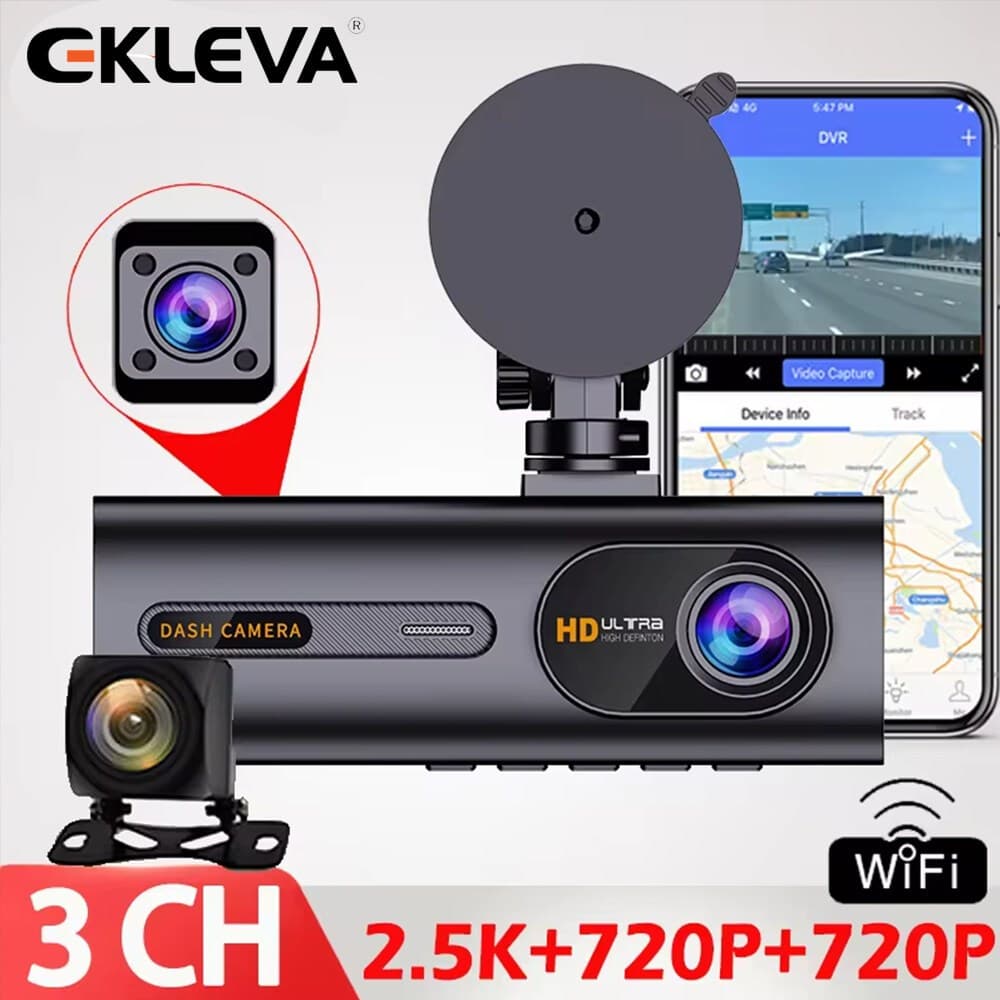 EKLEVA 3 Canais Traço Cam 2K 1296P Visão Noturna IMX 415 Sensor Suporta Cabine/Câmera Traseira Gravador De Ciclo De Víde
