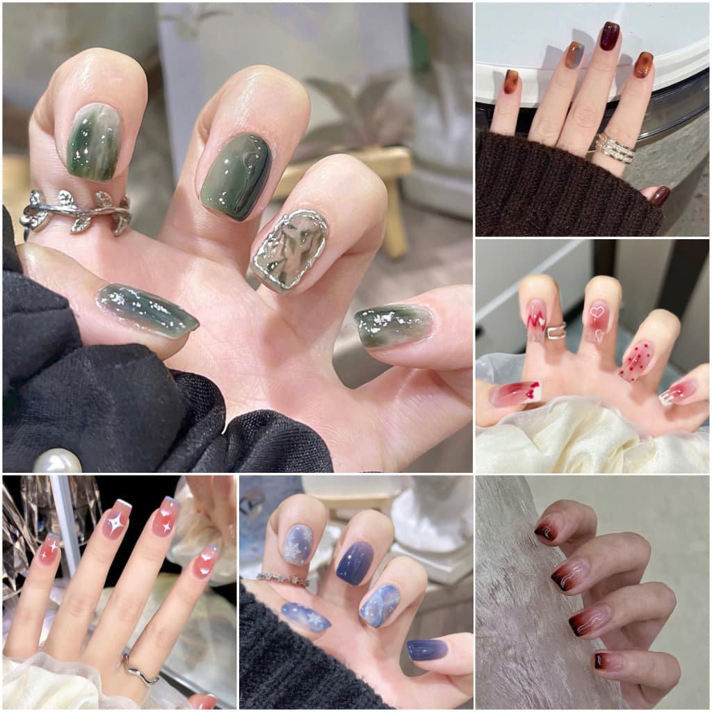 【 COD 】 24Pcs Conjunto De Pregos Falsos Com Cola À Prova D'água Patch Destacáveis Decorações Em Chama Francesa Novo