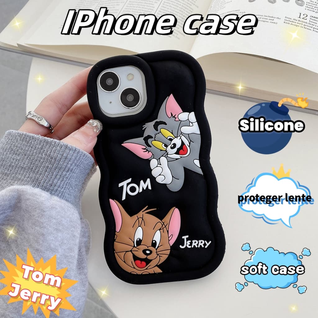 Capinha iphone 11/12/13/14/15 Pro max Desenho de silicone macio desenho animado Tom & Jerry 3D com capa anti-impacto com
