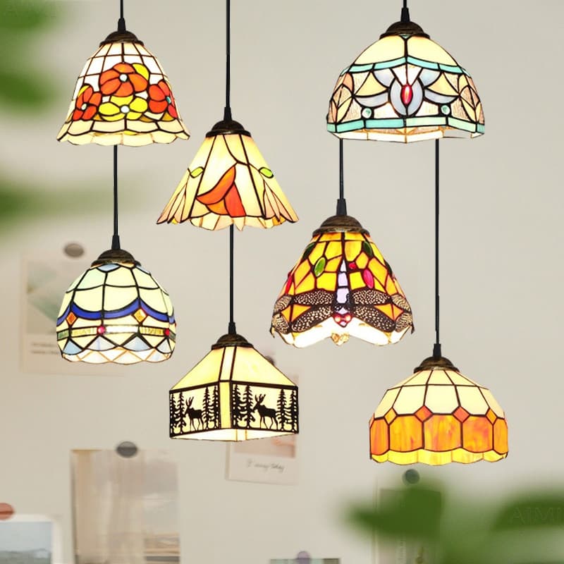 Abajur De Vidro Colorido Retrô Mediterrâneo Tiffany Lustre Decorativo Adequado Para Sala De Estar Cozinha Bar