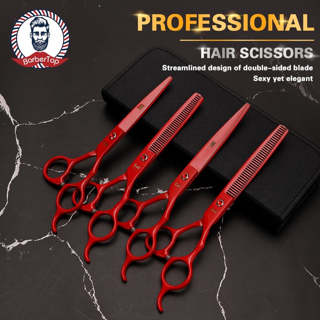 Estoque Pronto Tesoura Japonesa Conjunto De Tesouras Para Salão De Barbeiro Corte De Cabelo Vermelho Dentes 440C De 7 Po