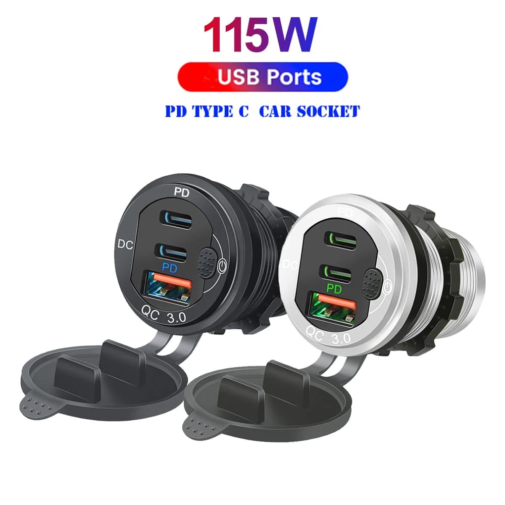 Carregador Rápido De Alumínio Com Botão De Interruptor , 3 Portas USB , qc3.0 , dual pd , Tipo C , Carro , Barco , Motocicleta , 12v , 24v