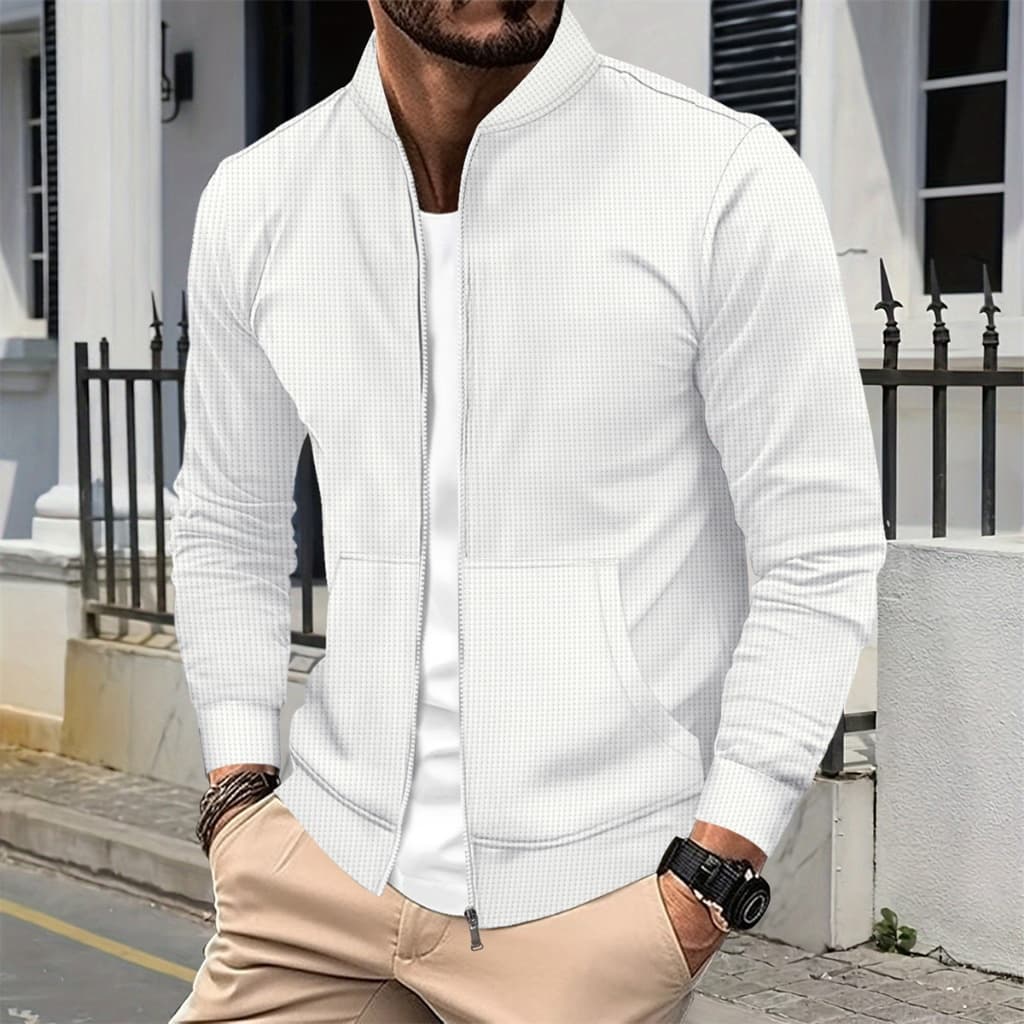 2024 Outono Novo Estilo Waffle Tecido Waffle Cardigan Cor Sólida Colarinho de Beisebol Casual Casaco Casual Masculino