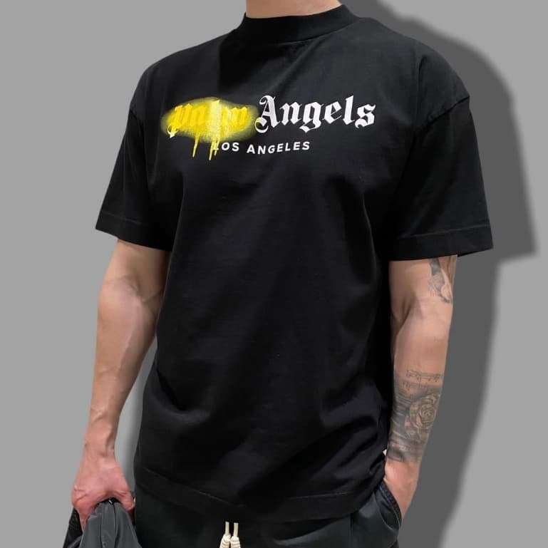 Palm Angels Spray Graffiti Gothic Letter Impresso Algodão Manga Curta T-shirt Oversize Verão Tee