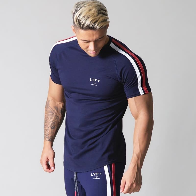 Lyftft Camiseta Esportiva Masculina De Algodão Slim Fit Sports T-Shirt De Manga Curta Listrada