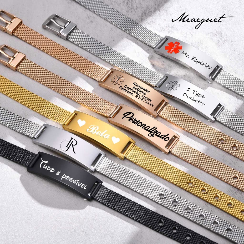 MG Silver Nome Personalizado Pulseiras De Alerta Médico Para Homens Faixa De Malha De Engrave Livre Mulheres