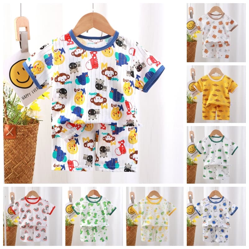 Crianças Malha Pijamas Bebê Respirável Roupas Meninos Conjunto De Meninas Manga Curta 2 Pçs Bonito Macio Dos Desenhos An