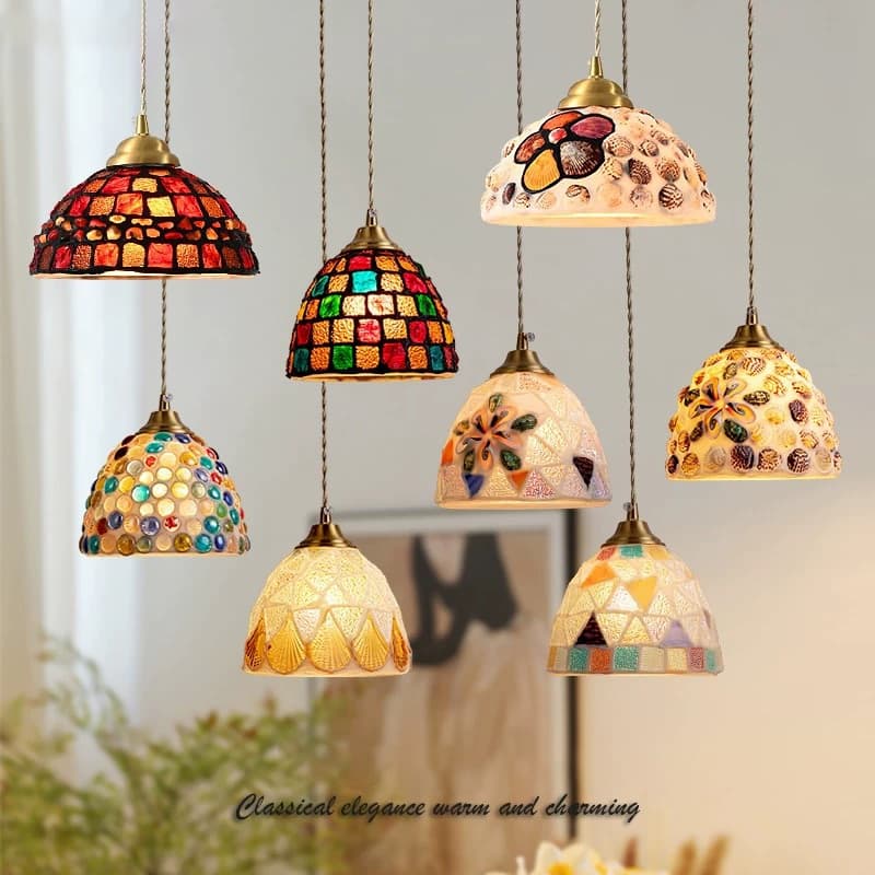 Lustre Pendente Retro Vitral Artesanal Acabamento Latão Luz Pingente Decorativo Para Cozinha Jantar Bar Café