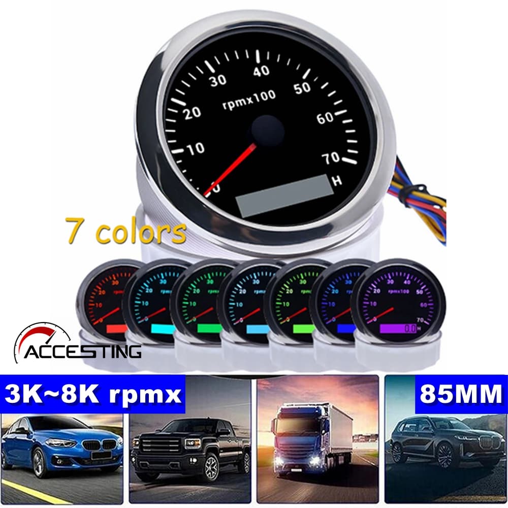Tacômetro de 85 mm com temporizador LCD retroiluminação de 7 cores adequado para barcos, motocicletas, carros 3/4/6kRPM