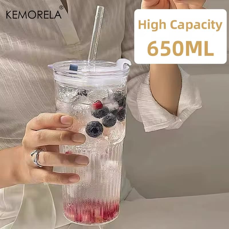 Copo De Vidro Listrado De 600ml , 1/2 Peças , Com Tampa E Canudo , Copos Transparentes Para Suco , Água Café Gelado , Caneca Bebidas