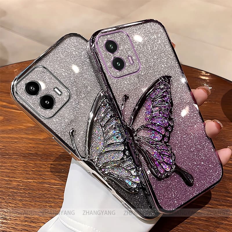 Capa Para Moto G53 G73 Galvanoplastia glitter silicone Caso De Telefone Estética Borboleta Remendo TPU Macio