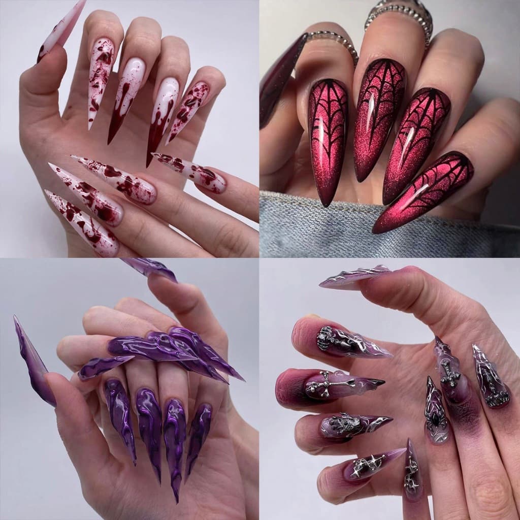 24 Pçs Halloween Unhas Falsas Imprensa Em Longo Dicas De Acrílico 3D Decorado Góticas Arte Do Prego