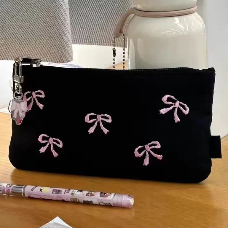 Estojo De Lápis De Grande Capacidade , Arco Preto , Bordado , Armazenamento De Papelaria Para Estudantes , Simples